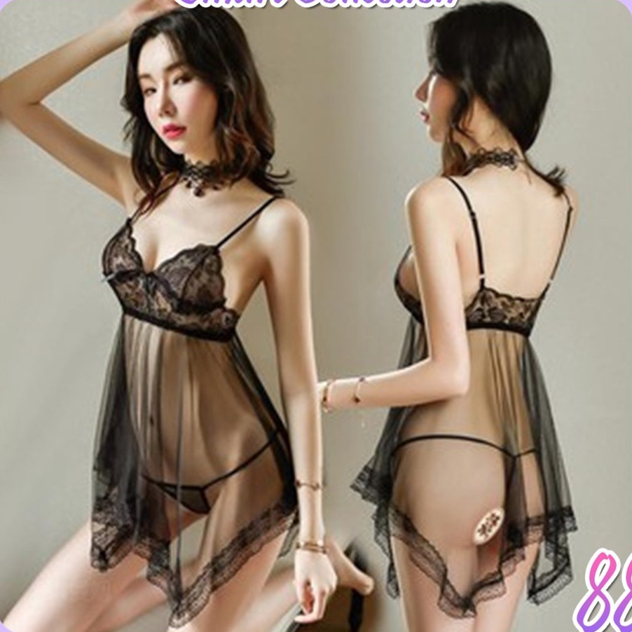 Kode SHM787 SC✌ BT002 Pakaian Lingerie Sexy V-Neck Model Renda Serat Mesh Eksotis / G String Bra Set
