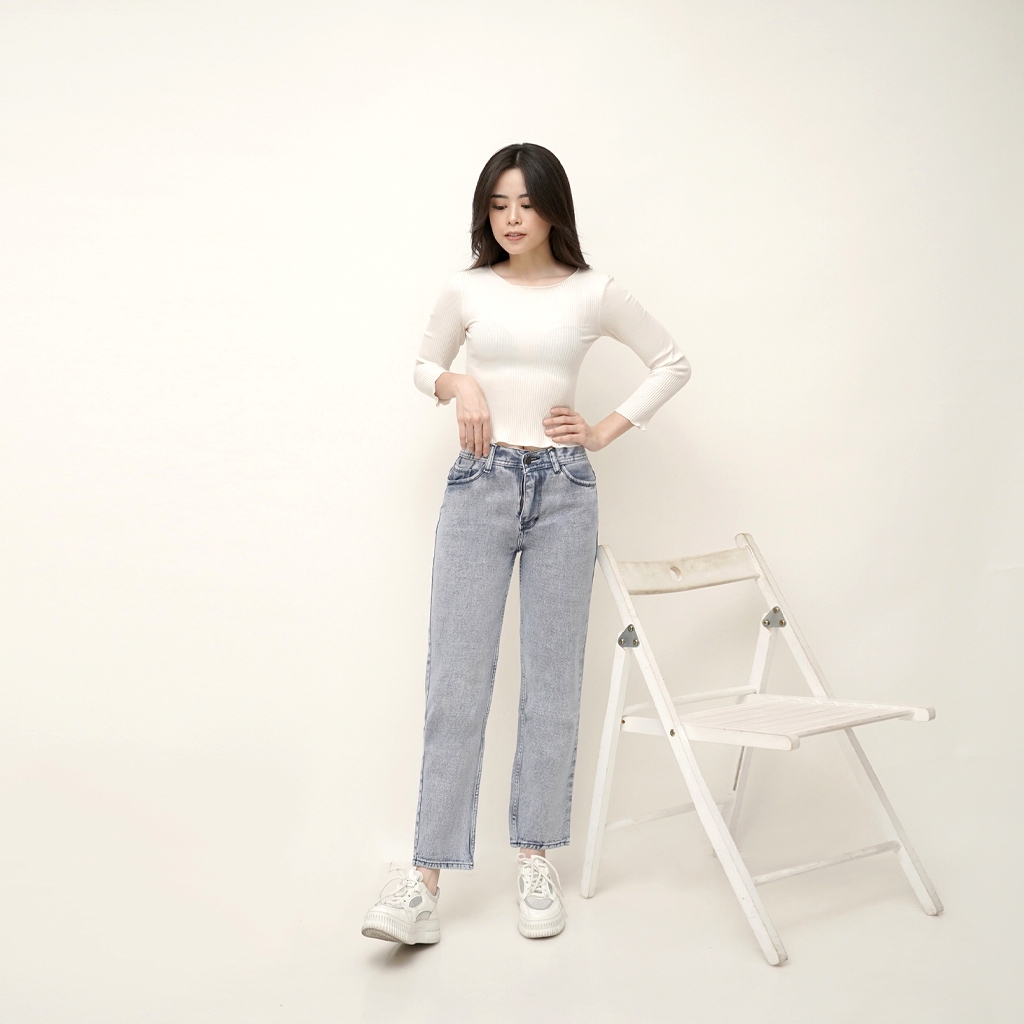 Helpen Celana Boyfriend High Waist Jeans Panjang Wanita BF01 - Soft Blue Snow 27-30