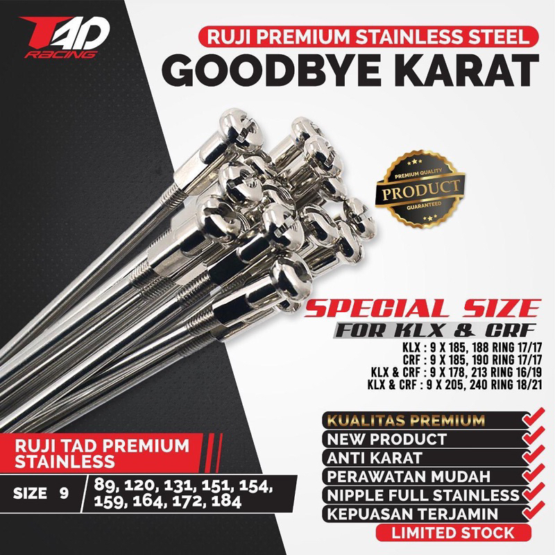 SPOKE RUJI BIG NIPPLE JARI-JARI FULL STAINLIS TAD UKURAN 120 130 154 159 164 172 184 185