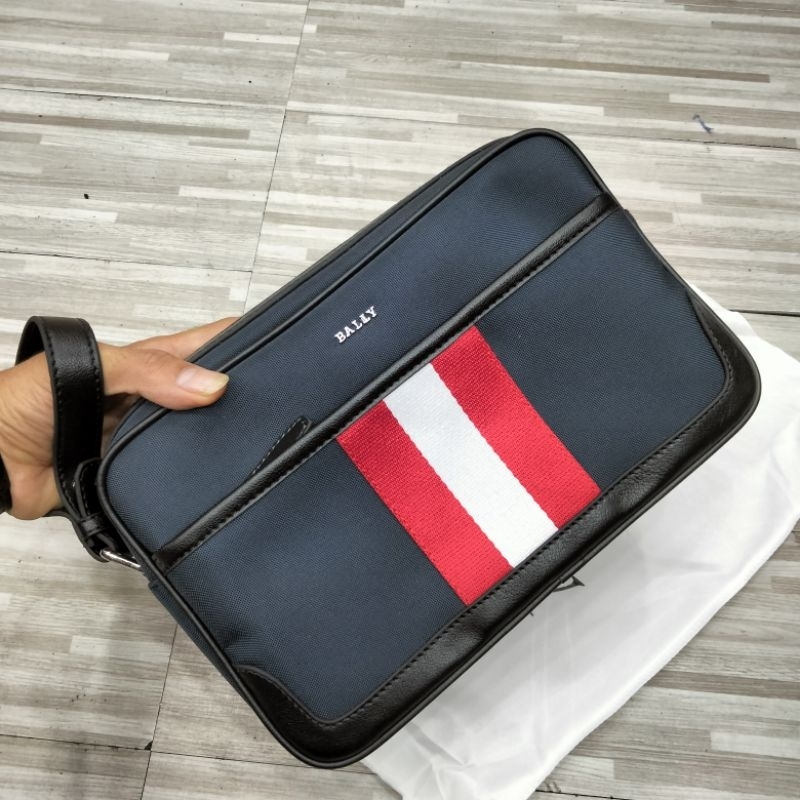 Handbag Bally Navy Logo List Merah Putih Clutch tas tangan pria import