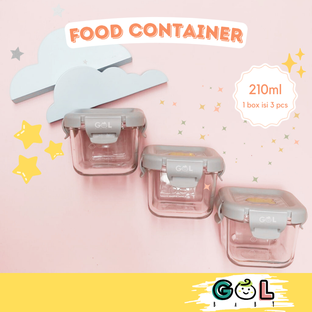	 GOL Baby Food Container Glass Wadah MPASI Bayi Tempat Penyimpanan MPASI Kotak Mangkok Mangkuk Kontainer Makan Makanan Kaldu Anak Gelas Kaca Kedap Udara Air Tahan Panas Dingin Persegi Segi Empat Kotak 3pcs x 180ml BPA Free Food Grade Safe Bowl Storage Jar	