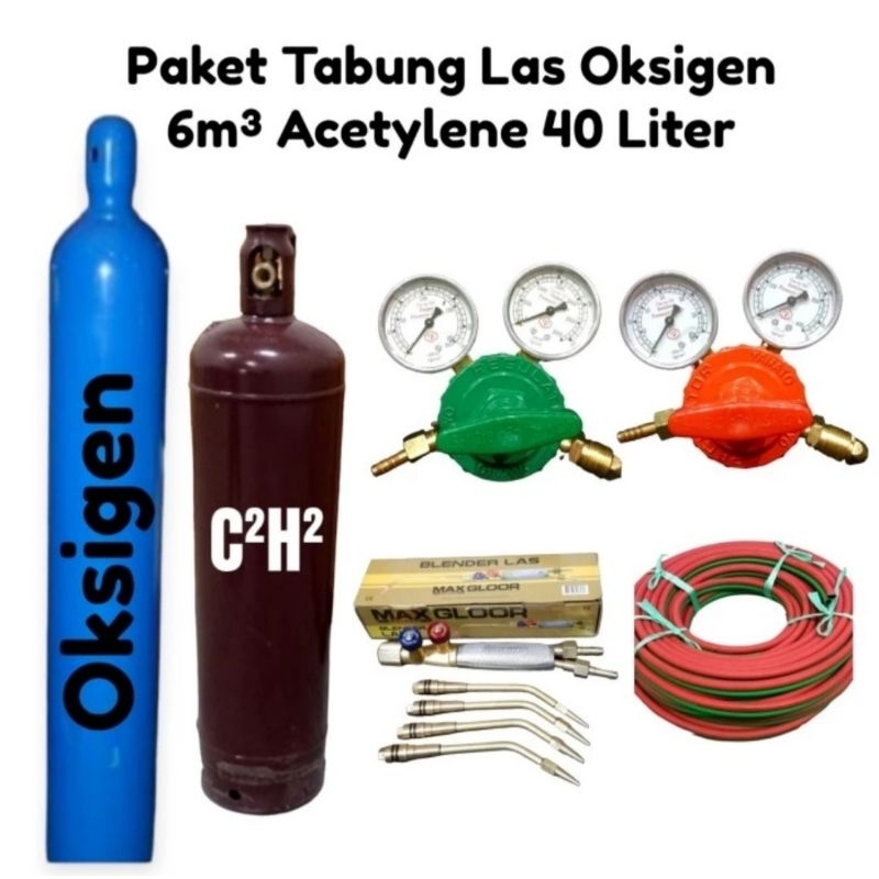 Paket Las Karbit Tabung Oksigen 6m3 Acetylene 40 Liter / Paket Las Karbir Tabung Besar