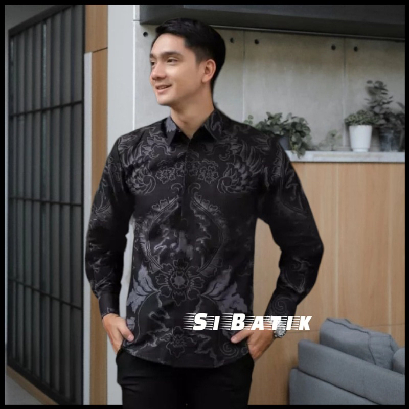 Batik pria hitam kemeja lengan panjang katun modern