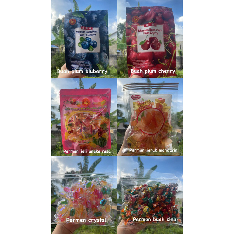 

Buah plum , permen jely aneka rasa , permen jeruk mandarin , permen crsytal , permen buah