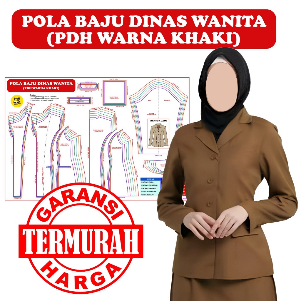 POLA JIPLAK BAJU DINAS WANITA PDH WARNA KHAKI