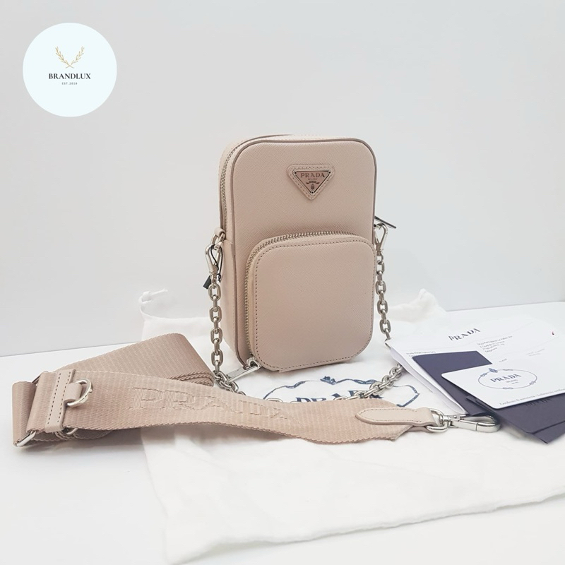 PRADA Mini Ninfea pink  leather Saffiano Bag with chain & wide logo strap