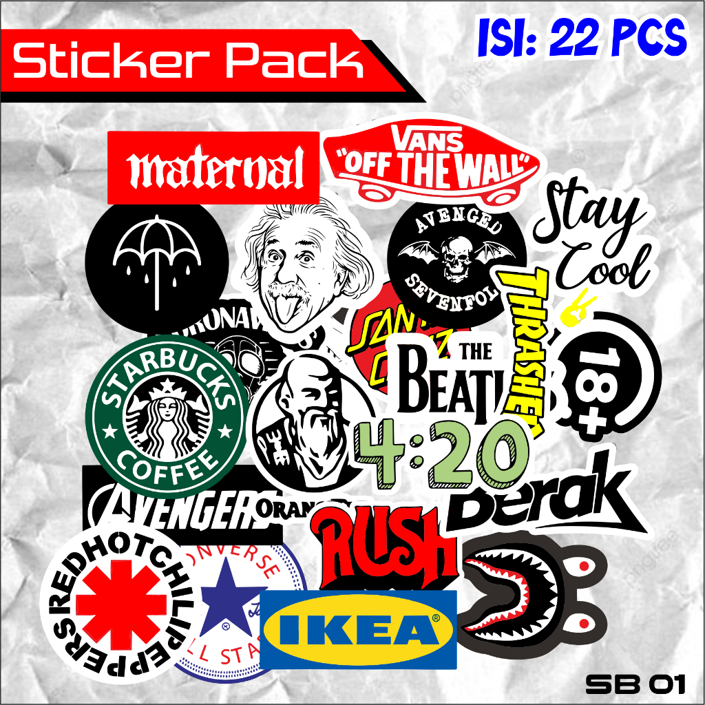 22 Pcs Sticker Pack Brand Aesthetic (SB01) Anti Air Untuk Laptop Case Tumbler Koper Hp Helm, Stiker 