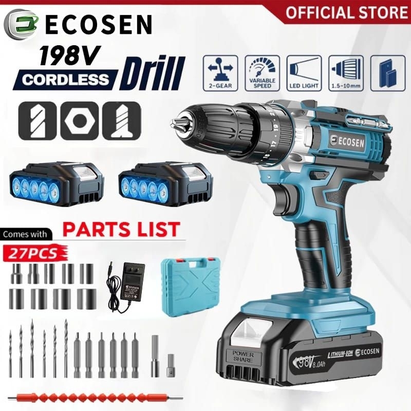 Mesin Bor Baterai Tangan 198VF ECOSEN Cordless Drill Battery/Bor Cordless Power Drills 198V Dengan 2