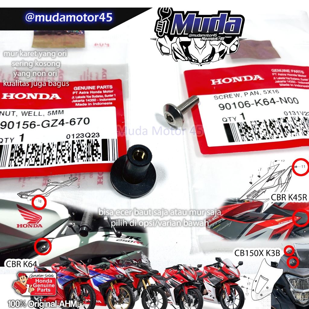 BAUT SIDE BODY M5 CBR250RR CBR150R CB150X CB150R WINDSHIELD VISOR WELL NUT WELLNUT WELNUT K45R SAMPI