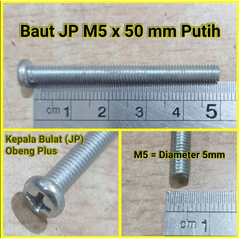 Baut JP Kepala Bulat Obeng Plus M5 x 50 mm Putih Panjang 5cm 5 cm M5x50