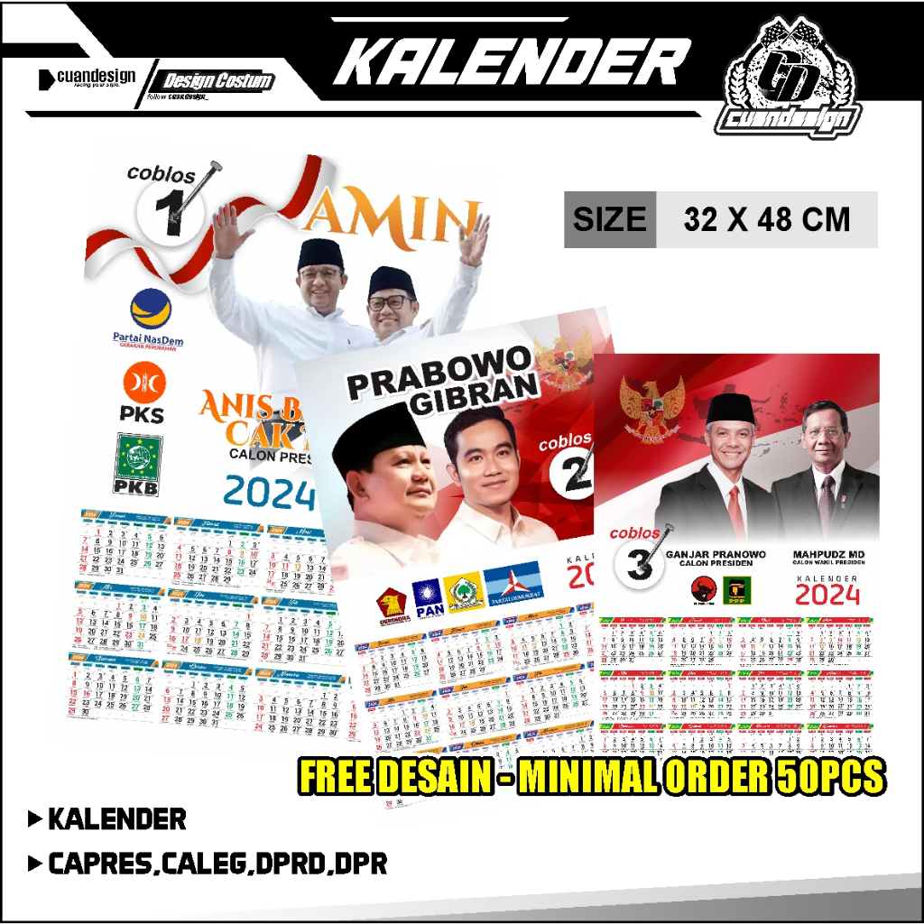 

CUSTOM CETAK KALENDER 2024 CALEG PARTAI/ KALENDER KAMPANYE UKURAN A3+ SATUAN