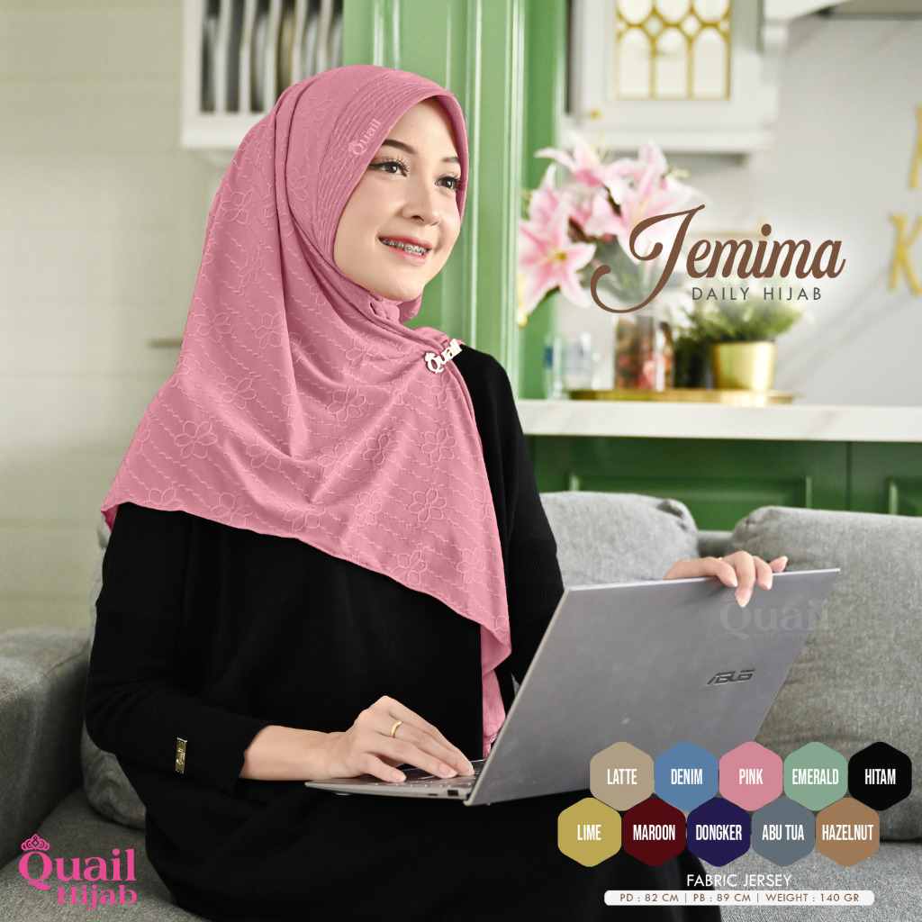 Jilbab Instan Jahit Dagu Jersey Motif Premium JEMIMA Quail Original Terbaru COD Distributor Resmi