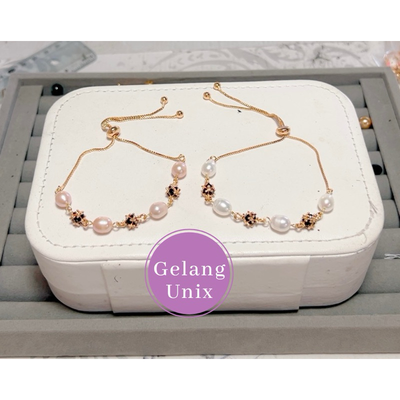 Bersertifikat gelang mutiara air tawar lombok mix kristal hitam