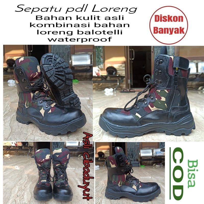 Sepatu PDL kulit kombinasi loreng, model kekinian asli cibaduyut