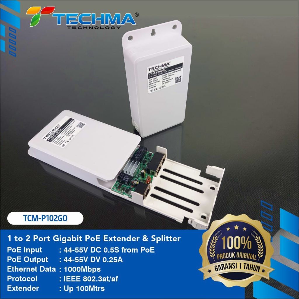 Techma 1 to 2 Aktip PoE Extender & Splitter - 0UTDOOR 1000M