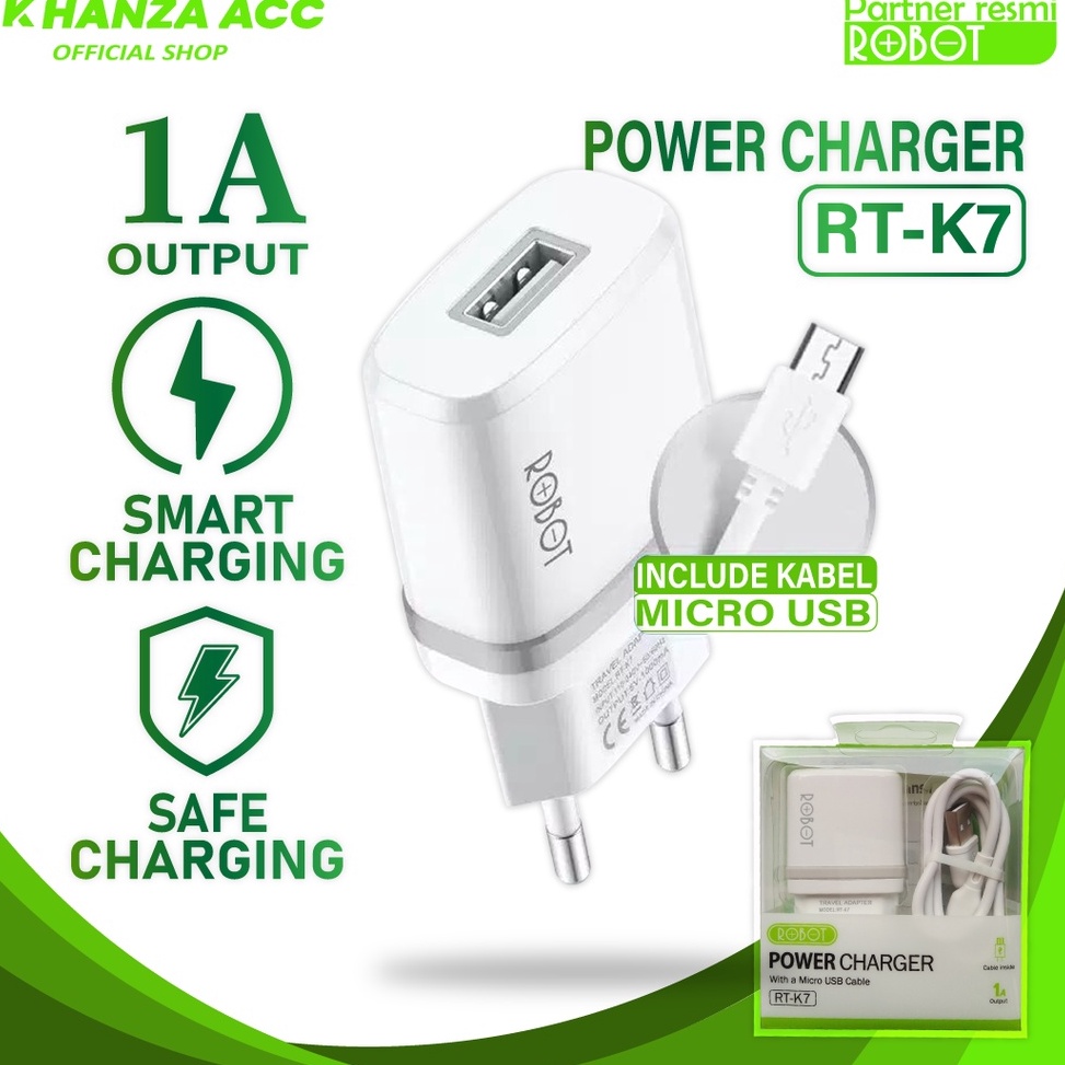 [KODE J65B] KHANZAACC Robot RT-K7 Quick Charge 5V/1A Fireproof Charger With Micro USB Cable