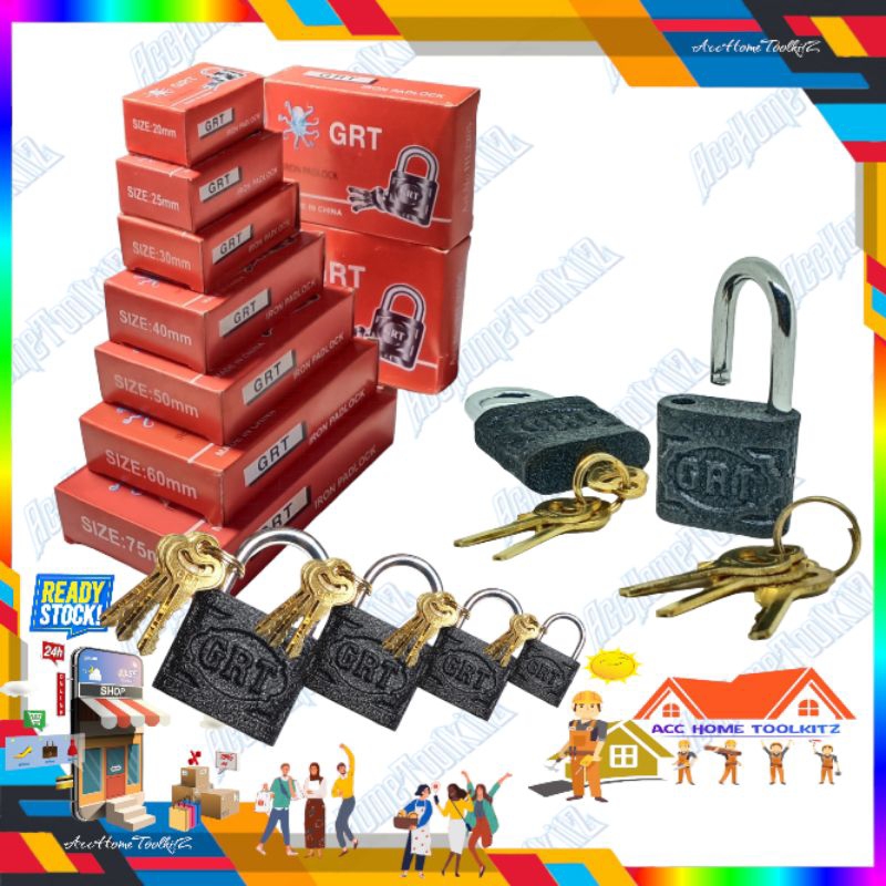 Kunci Gembok Per Hitam Jadul GRT Kunci Bisa di Lepas di Cabut Saat Terbuka Iron Padlock / 20 25 30 4