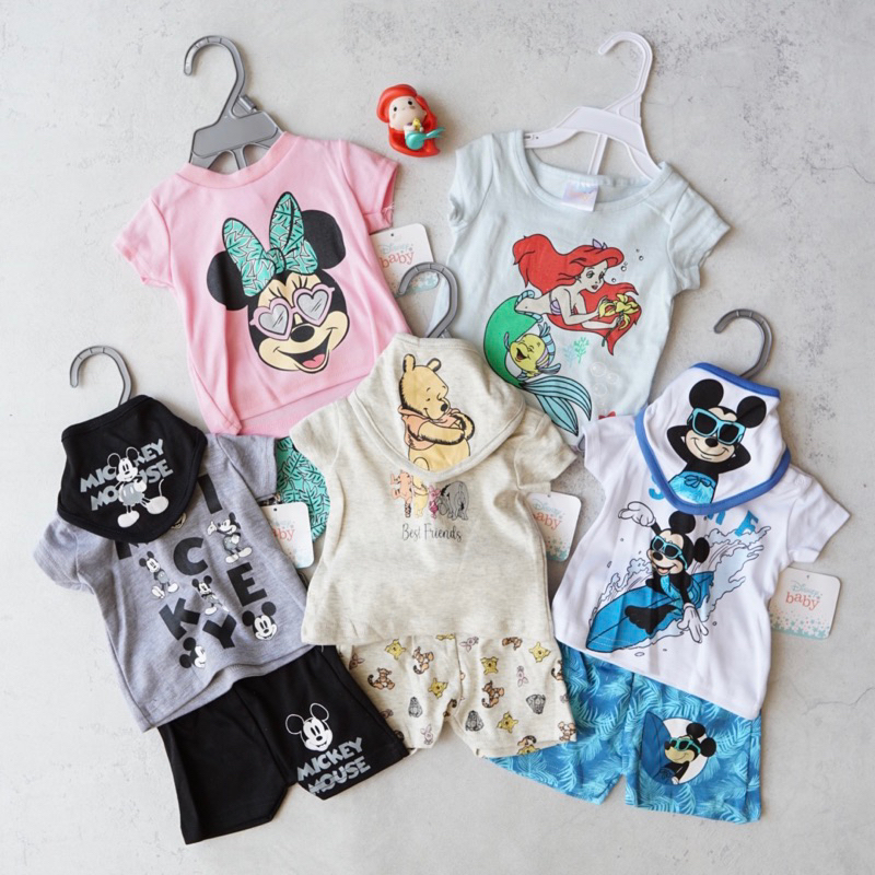 Disney Baby: Ariel, Mickey, Minnie Set | size 0-36m | tee + shorts + bib | setelan pakaian anak bayi