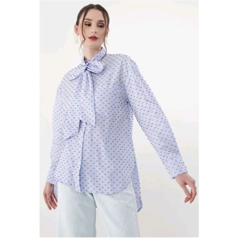 BENANG JARUM Polka With Tie Blue/Buttonscarves/KEMEJA WANITA BENANG JARUM