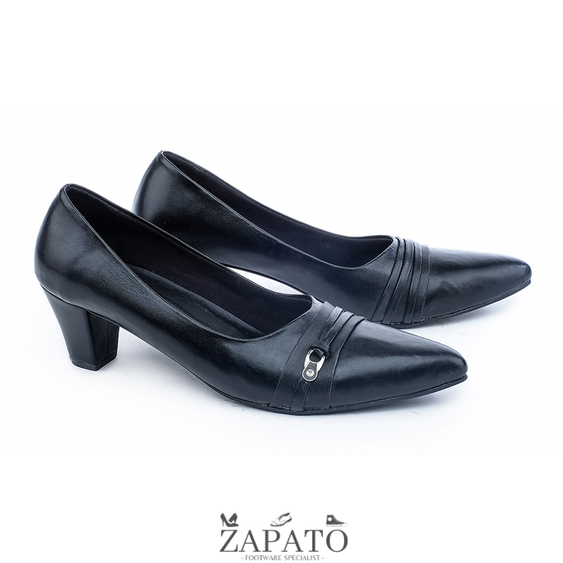 Sepatu Pantofel Kulit Wanita High Heels Hak 5cm Formal Original Hitam - Zapato Official