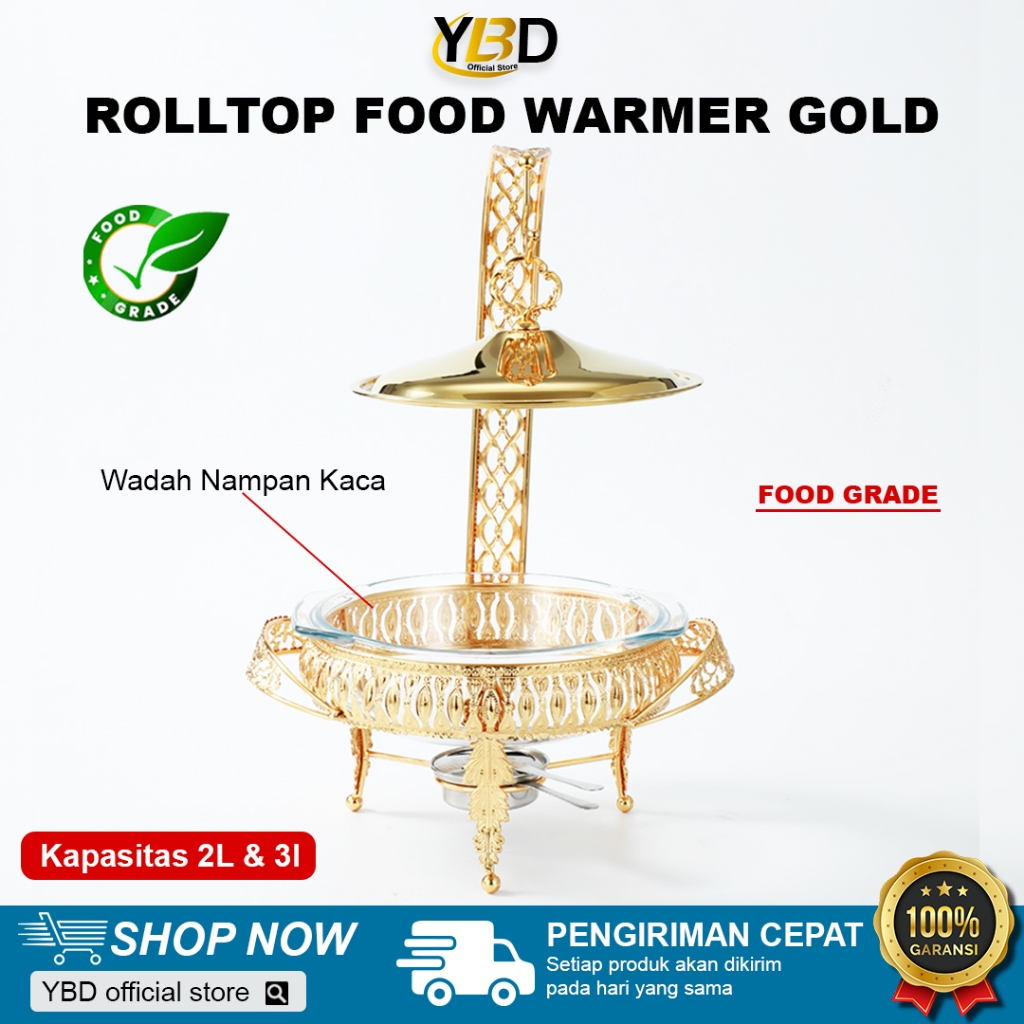 Roll top Food Warmer Wadah Kaca Tebal Gold Kapasitas 2L - 3L / Food Warmer Tutup Gantung Gold / Food