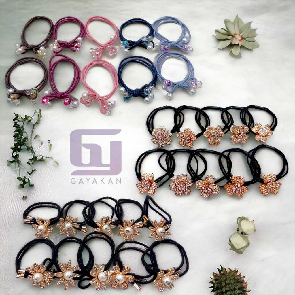 Isi 10 Pcs Ikat Rambut Kuncir Karet tali atau Kain Fancy Korea Multiwarna atau Hitam Dewasa
