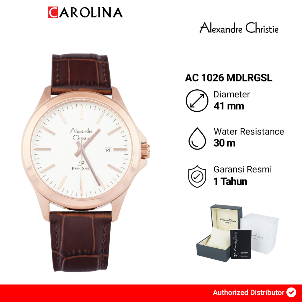 Jam Tangan Pria Alexandre Christie Primo Steel AC 1026 MDLRGSL White Dial Brown Leather Strap