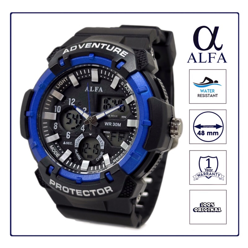 ALFA Jam Tangan Pria Double Time Karet Tahar Air 880074 Original