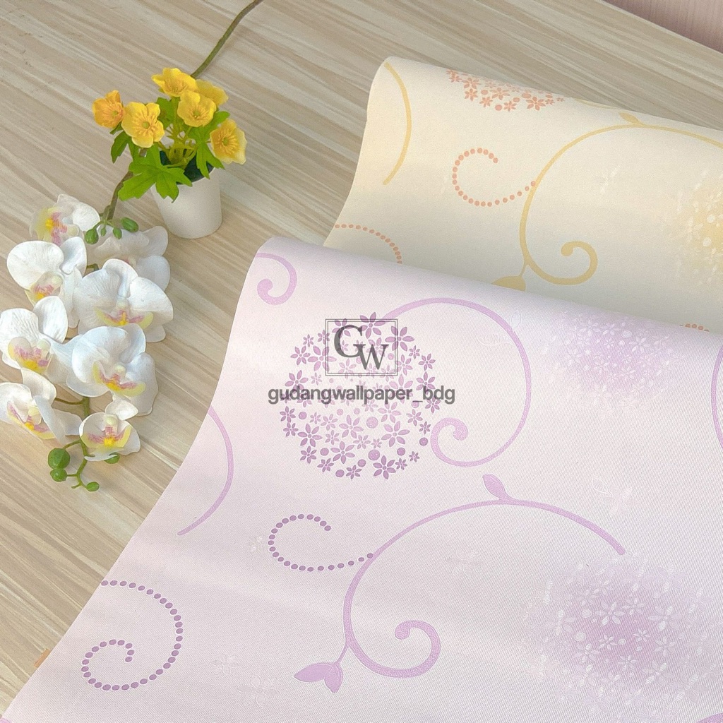 Wallpaper Vinyl Dinding Motif Bunga Madu Garis Lengkung Warna Ungu Muda Kuning Muda Pastel Series