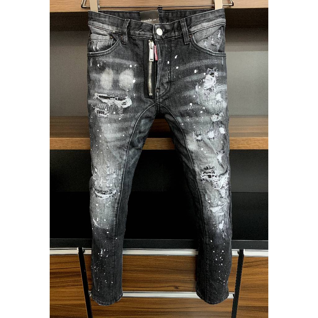 Celana Jeans Pria DSQUARED2 Celana Jeans Robek Serbaguna Sederhana Retro Amerika Hitam Celana Kasual