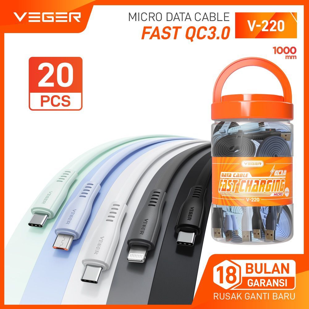 VEGER KABEL DATA V-220 MICRO/V-230 TYPE-C/V-240 LIGHTNING (1 TOPLES ISI 20 PCS) QC3.0 1M DATA CABLE