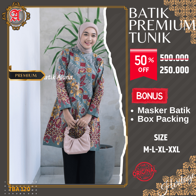Dress Batik Wanita Dewasa Lengan Panjang Atasan Tunik Baju Batik Cewek Premium Modern Mewah Model Elegan Batik Aluna Solo TBA 120