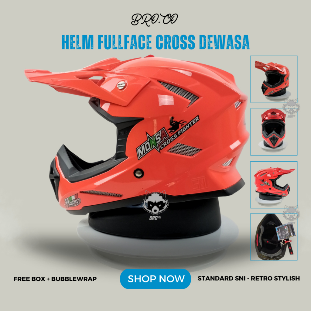 Helm Cross Branded JPN Full Face Cross Motor Trail RED FLUO Glossy Solid Merah Red Fluo Mengkilat Or