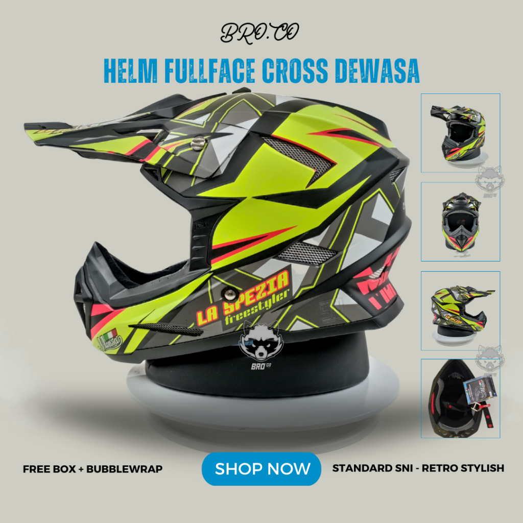 Helm Cross Branded JPN Full Face Cross Motor Trail Yellow Green La Spezia Free Styler Black Matte So