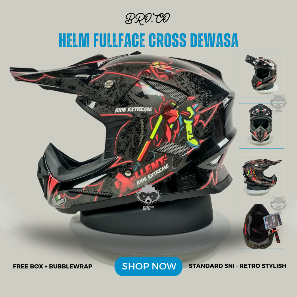 Helm Cross Branded JPN Full Face Cross Motor Trail Motif Red Exellent Ride Extreme Black Glossy Soli