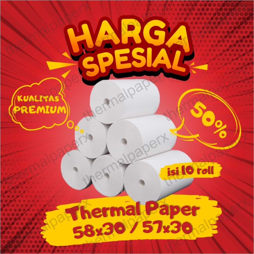 

10 ROLL KERTAS STRUK THERMAL PAPER ROLL 58MM 58x30 TERMAL EDC THERMAL PRINTER MINI BLUETOOTH 57x30 CORELESS PREMIUM