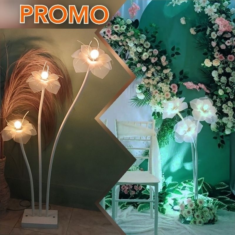 Standing Lampu Dekorasi Pelaminan Rustic, Standing Lampu Bunga. Pipa Conduit Elastis, Kap Kelopak Bu