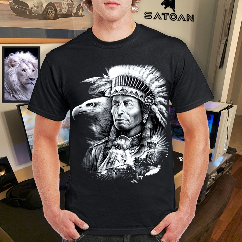 Kaos distro pria motif indian apache putih