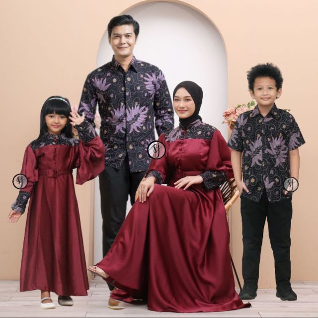 Baju Couple Keluarga Maxmara Luxury Prili Maroon | Sarimbit Batik Gamis Wanita Kapelan Family set Pa