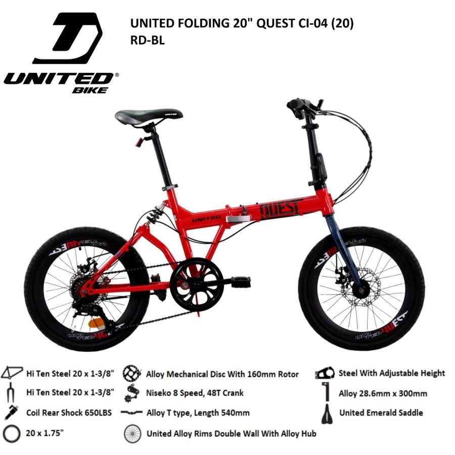 Sepeda lipat 20 inch united quest suspensi belakang rem cakram discbrake 8 speed high quality velg t