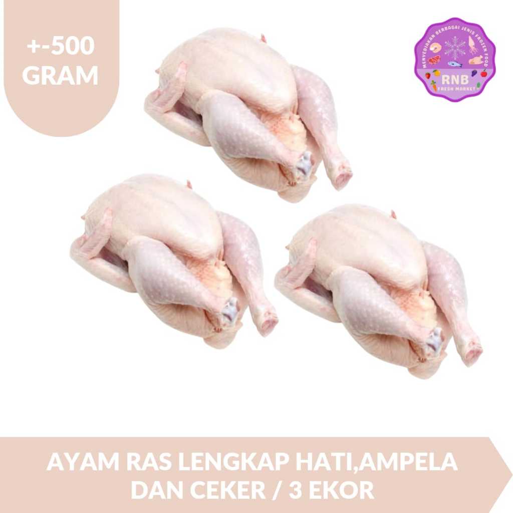 

Ayam Ras Lengkap Hati,Ampela Dan Ceker / 3 Ekor Netto +- 500 Gram