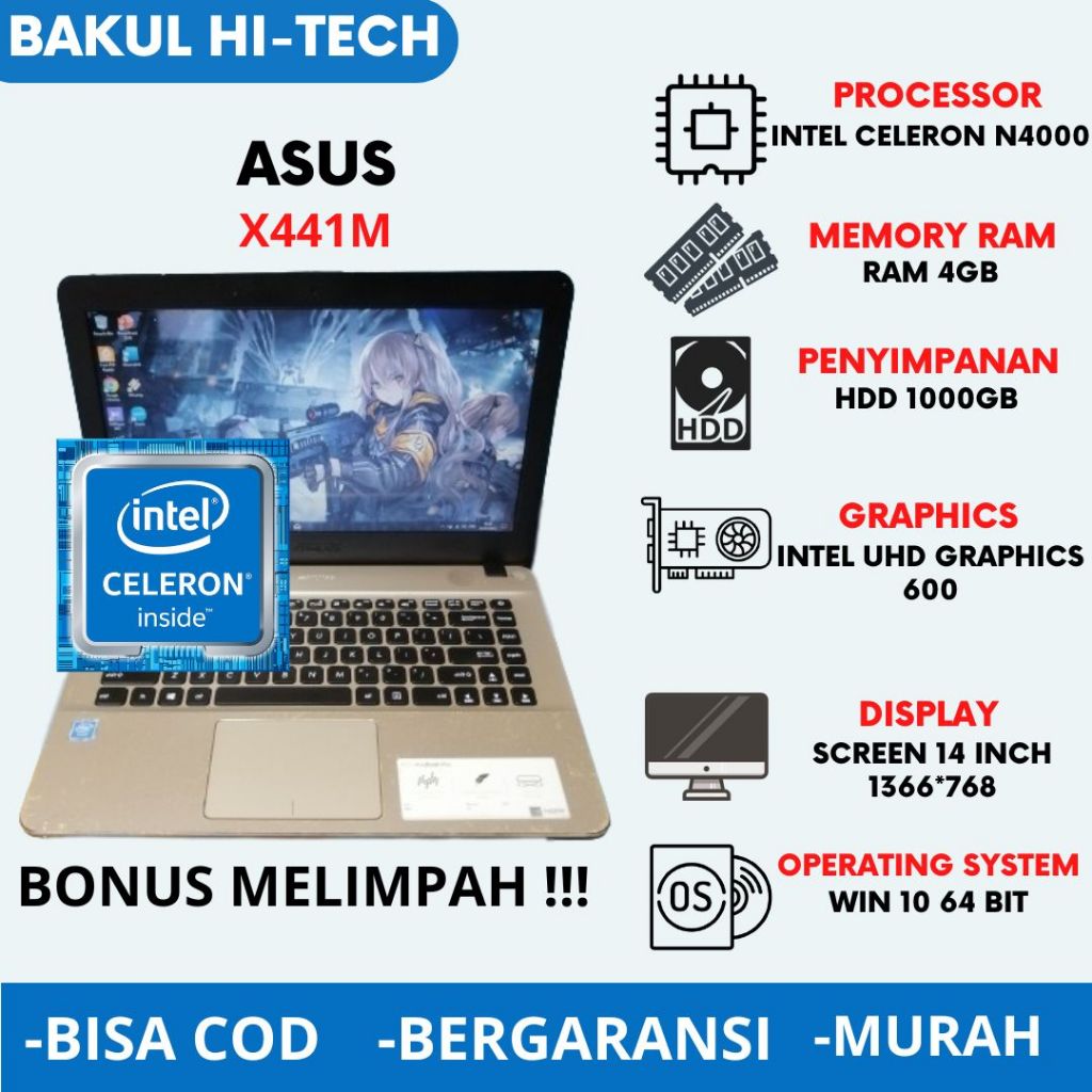LAPTOP ASUS X441M SUPER SLIM KEKINIAN ANTI LEMOT SSD- LAPTOP BEKAS MALANG - LAPTOP MURAH - LAPTOP KU