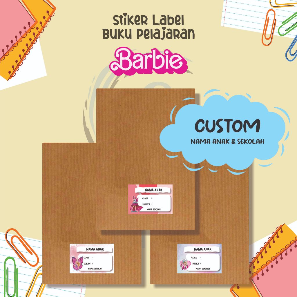 

( 30pcs ) Stiker Label Buku Pelajaran TEMA BARBIE / Stiker Mapel Sekolah / Stiker Custom Nama Anak