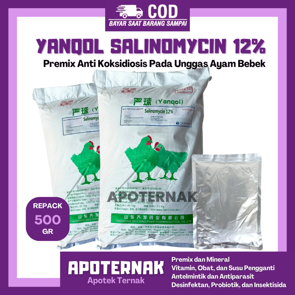 SALINOMYCIN 12% 500 GRAM - Obat Koksidiosis - Premix Anti Koksidiosis Unggas Ayam Bebek