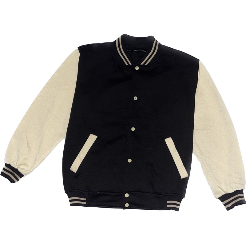 Jaket Baseball Varsity Polos Hitam Lengan Cream Unisex