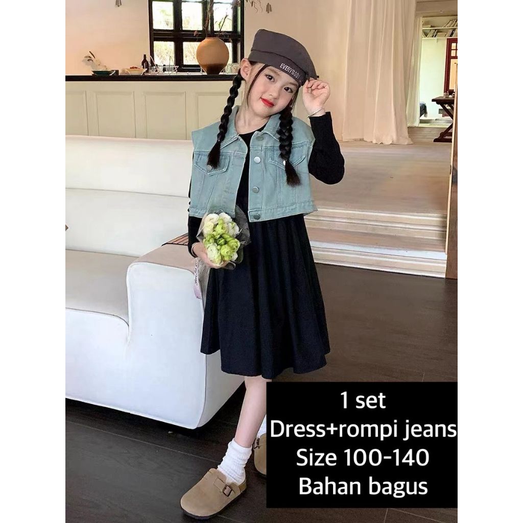 (LOLI-JKT) BD- 529 DRES ANAK CEWEK HITAM ROMPI JEANS SIZE 100-140