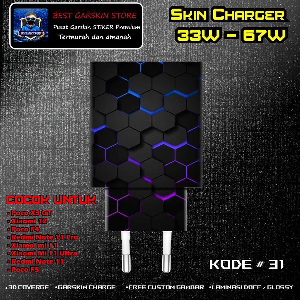 Skin Sticker Charger POCO X3 GT, POCO F4, Poco F5 Kode # 31-35 Motif Bisa Custom 