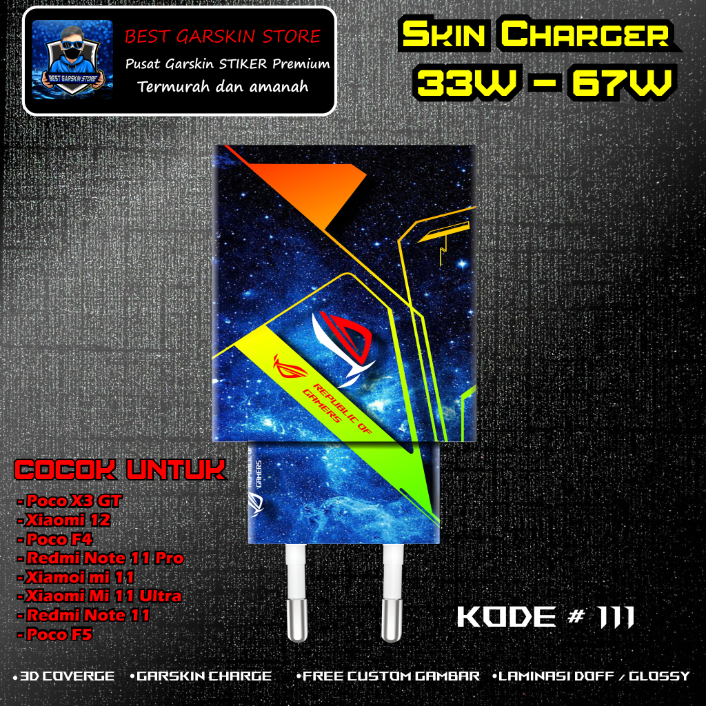 Skin Charger POCO X3 GT, POCO F4, Poco F5 Kode # 111-115 Motif Bisa Custom 