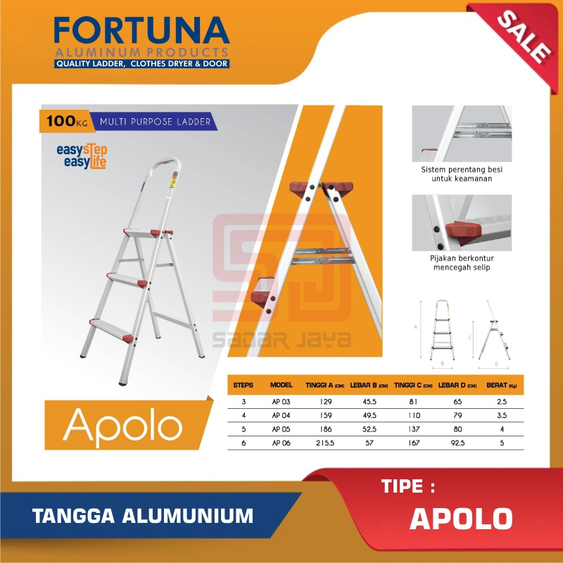 Tangga Lipat Aluminium 1,5 Meter Fortuna Apolo AP 04 Tangga Apolo Tangga Fortuna Tangga Lipat 159cm