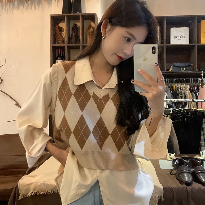 Pakaian luar kasual rompi kotakkotak leher V rajutan Korea